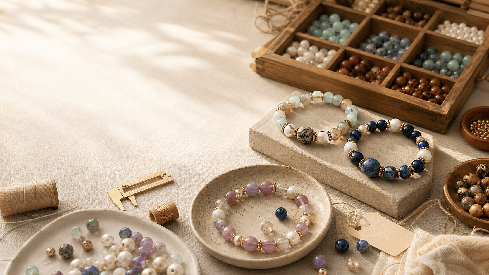 Handmade bead bracelets and sorted studio beads on a craft table